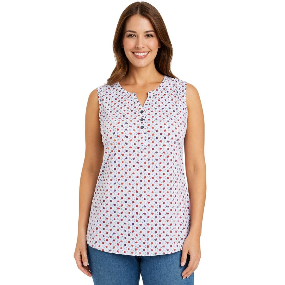 Hasting & Smith Sleeveless Henley Top – Red Blue Star Print – Size Medium